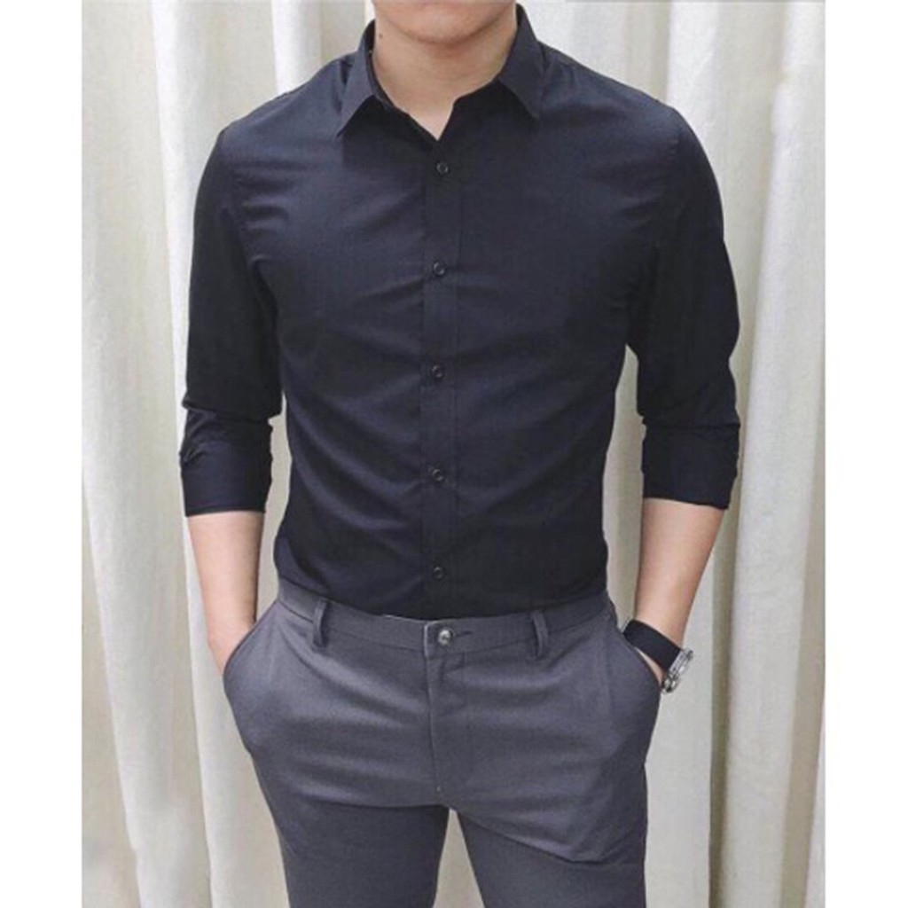 Áo sơ mi nam nữ dài tay Unisex Basic TRƠN Form rộng màu trắng và đen Chất cotton lụa mịn mát Bigsize | BigBuy360 - bigbuy360.vn