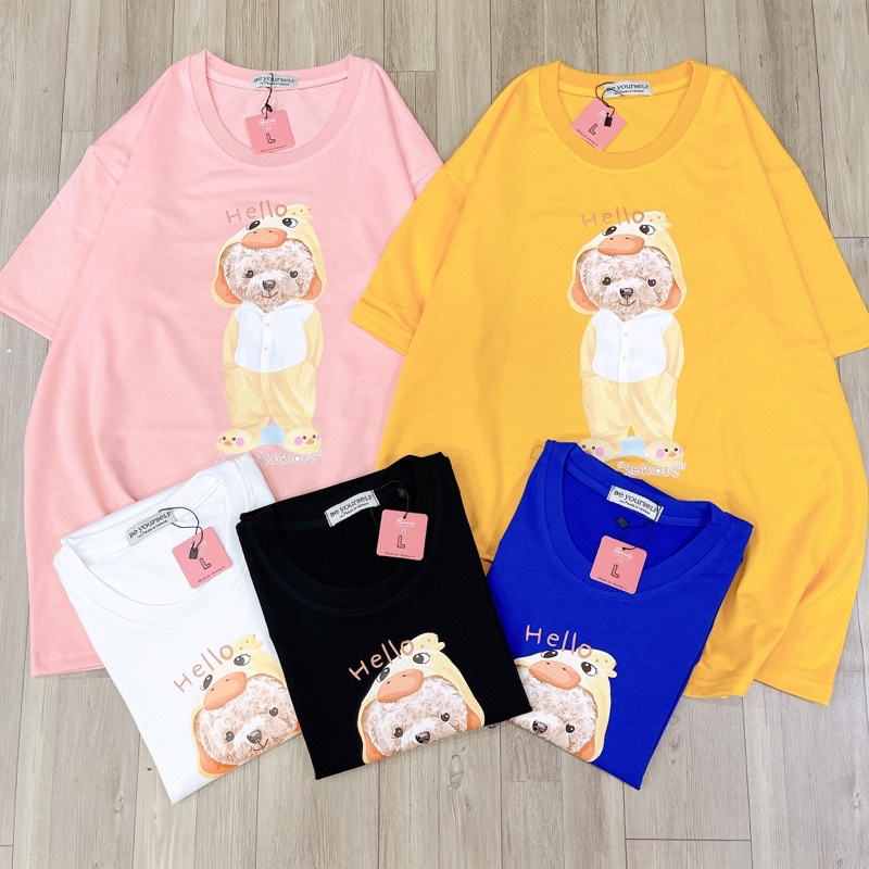 Áo Thun Tay Ngắn UNISEX in Decal IN DECAL GẤU HELLO - Hình chụp thật (Đủ size M-L-XL) - Số đo ở cuối