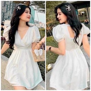 Đầm váy trắng cổ v nơ sau