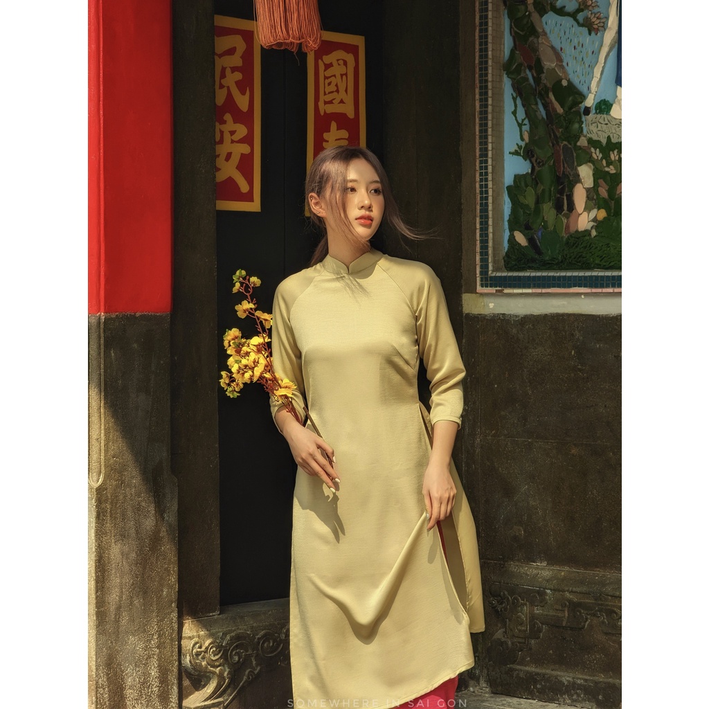 Set Áo dài Rosemary Lụa Tây Thi Vàng Cải Chua