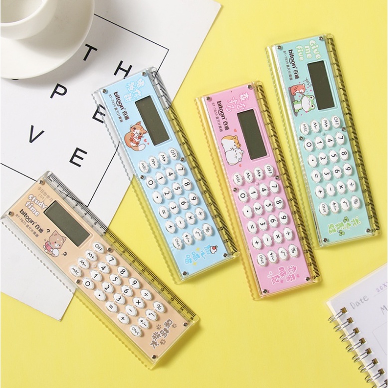 Thước kẻ kiêm máy tính bỏ túi sử dụng pin tích điện  mini trong suốt tiện lợi
