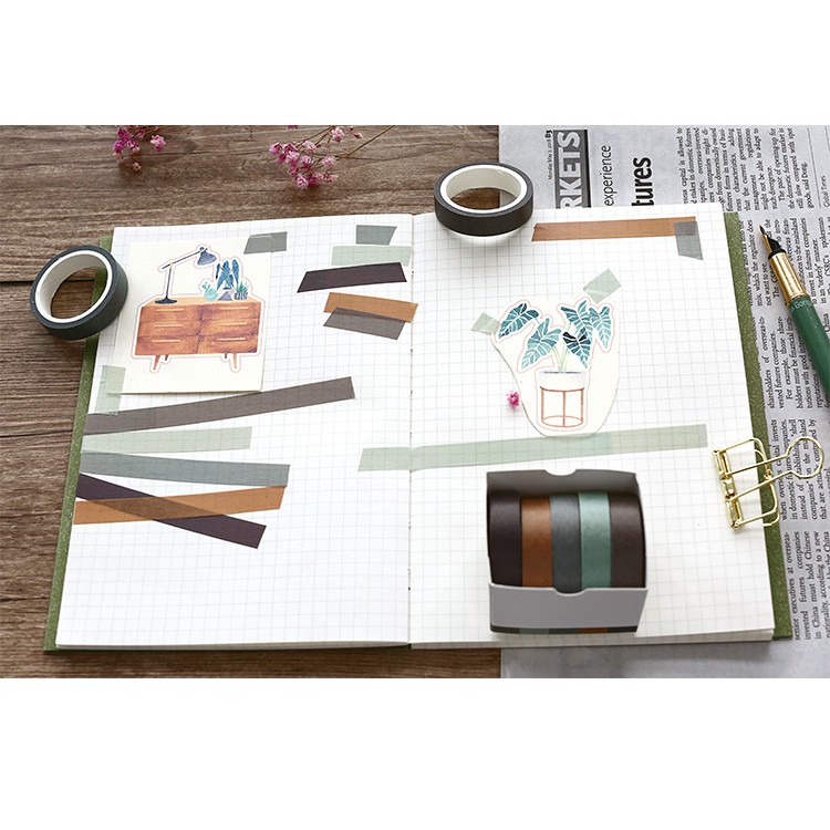 SET 5 CUỘN WASHI TAPE MÀU TRƠN VINTAGE ĐƠN GIẢN