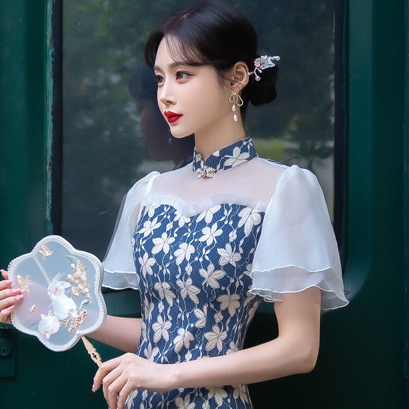 Sườn Xám Đuôi Cá Vải Voan Tay Ngắn Màu Xanh Lá Cây Phong Cách Vintage Thanh Lịch Size S Đến XXL