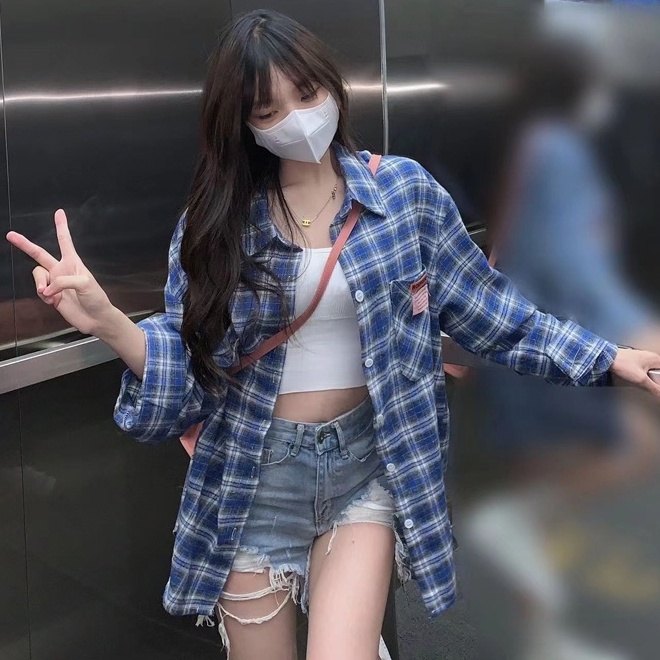 Áo sơ mi ZHELIHANGFEI dáng rộng cổ polo họa tiết kẻ sọc caro phong cách Mỹ thời trang dễ phối đồ