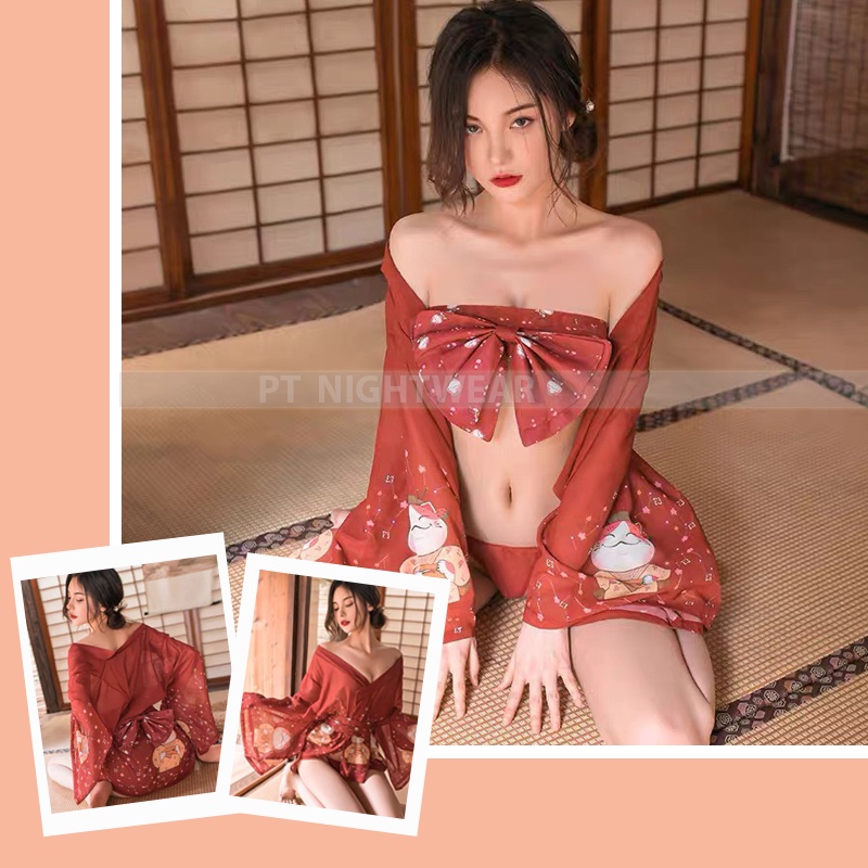 Váy Ngủ áo choàng kimono hoa văn phong cách nhật bản sexy PT NIGHTWEAR kèm quần lót gợi cảm PT74