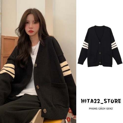 Áo khoác ngoài CARDIGAN khuy cài tay sọc trắng form rộng rãi phong cách HÀN HITA22_STORE.