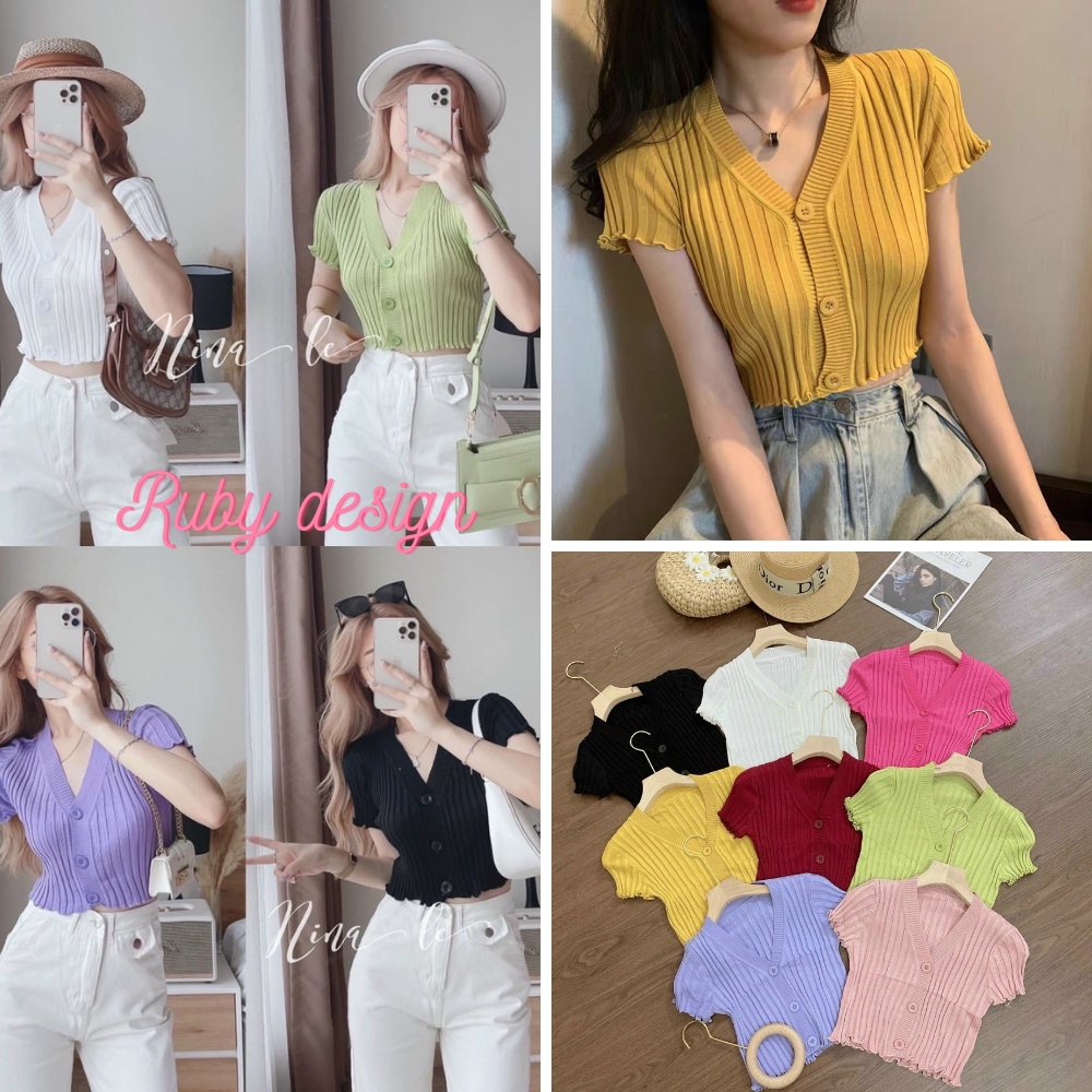 Áo croptop nữ , áo croptop chất len mongtoghi cổ tim 3 cúc hot hit - Ruby Design