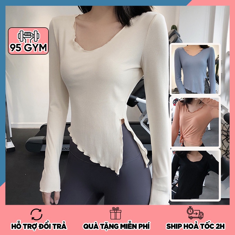 Áo tập gym yoga nữ dài tay AD09 cổ tim xẻ hông chất vải thun len tăm thoáng mát co giãn tốt
