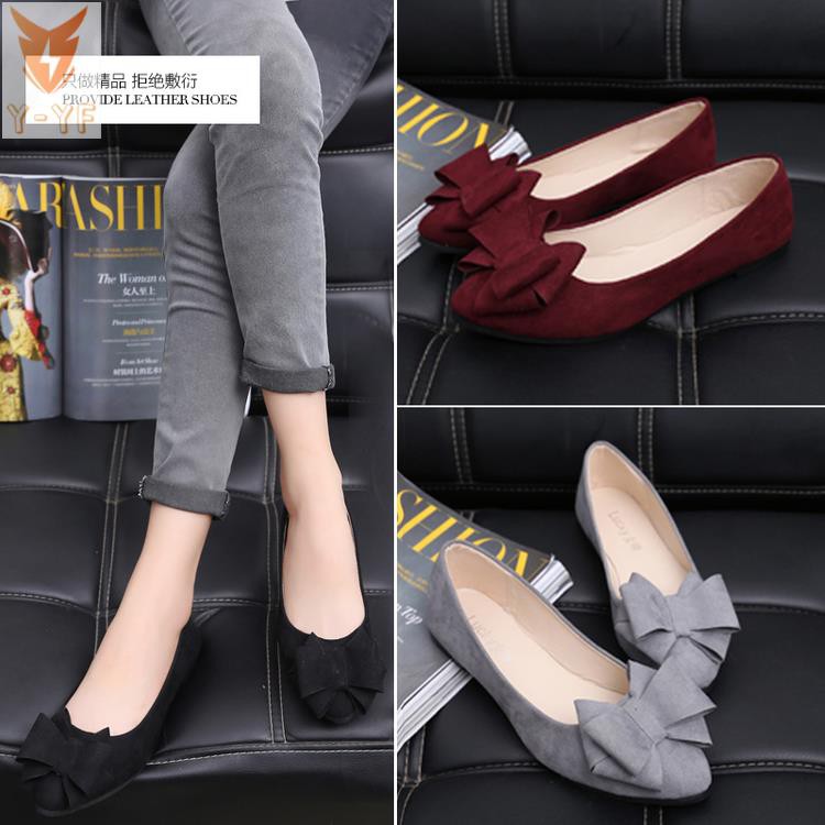 [High quality]Autumn new style suede single shoes women's shoes pointed toe shallow mouth flat heel flat bow large size black work shoes