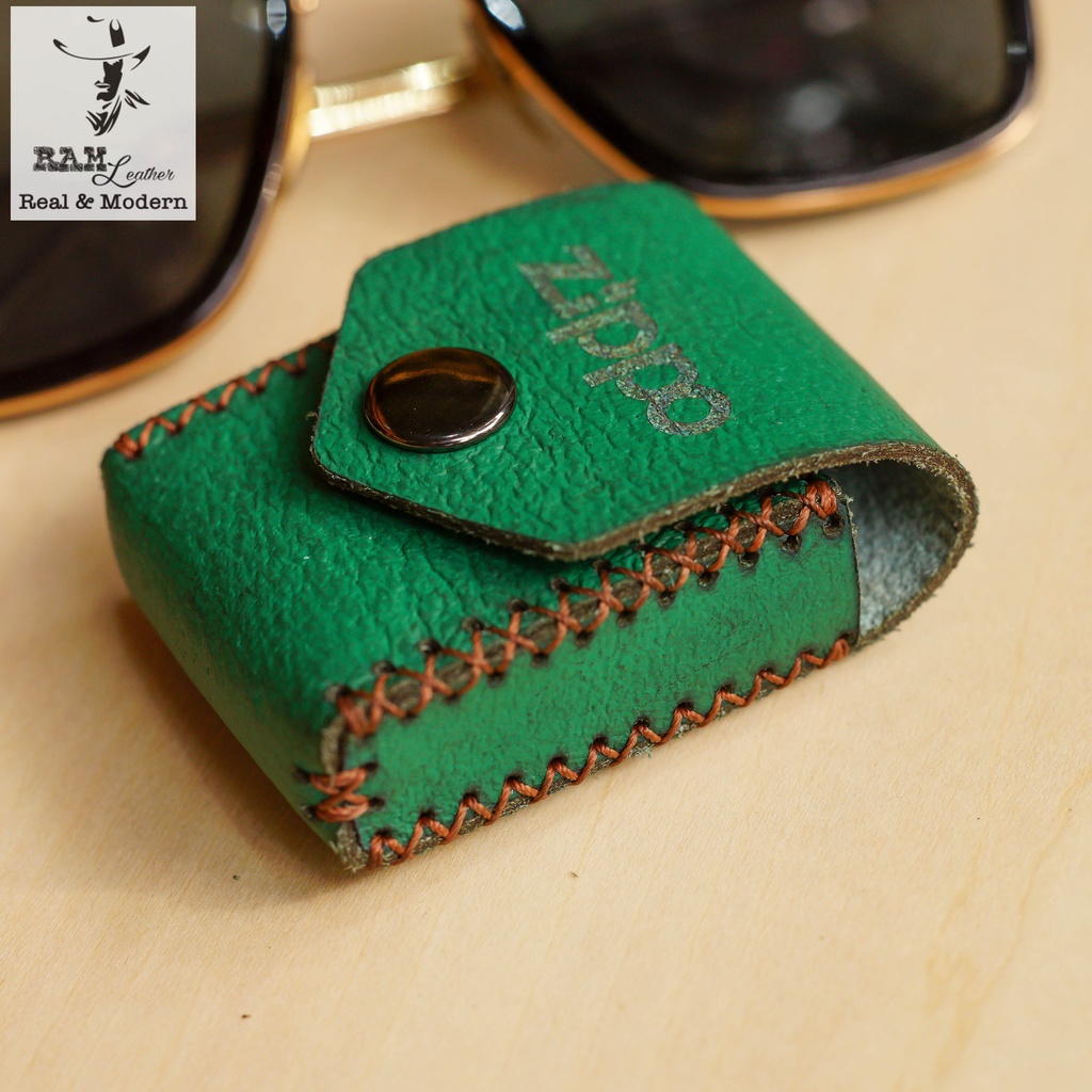 Bao da Zippo Da Bò Thật Màu Xanh Rêu - Chính Hãng Ram Leather