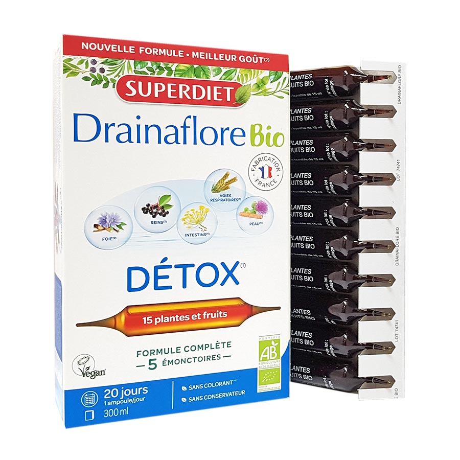 Detox 5 trong 1 SuperDiet Drainaflore Bio Pháp hộp 20 ống * 15ml date 09/24