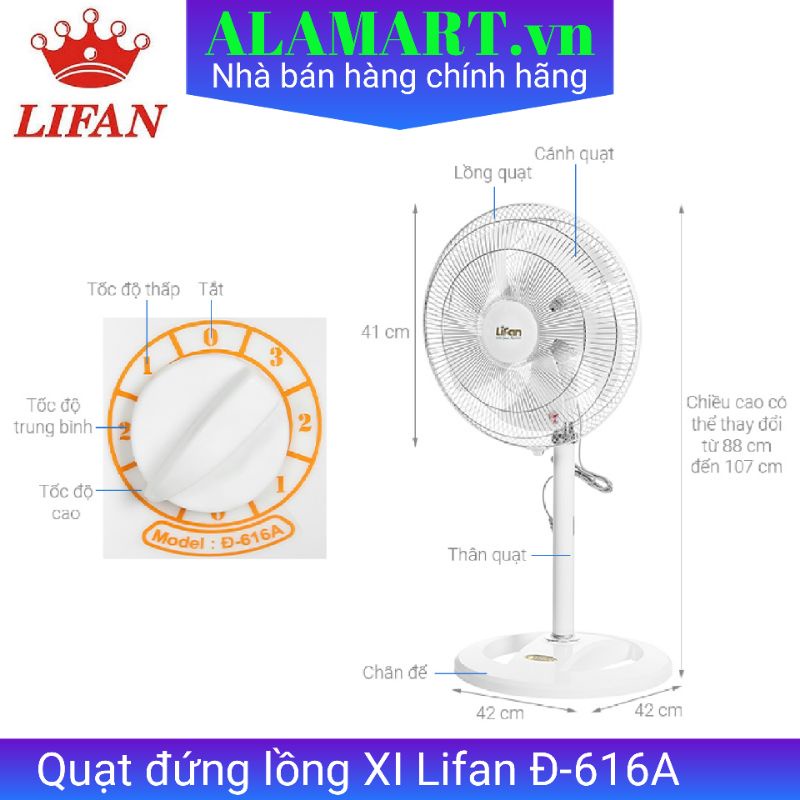 Quạt Đứng Lifan Đ-616A Trắng - Lồng Xi sử dụng gia đình 5 lá lớn quạt êm