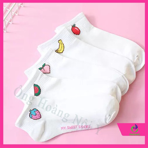 Tất vớ nữ cổ ngắn dễ thương cotton thêu hình trái cây màu trắng mỏng thoáng xinh xắn TA-HQUA