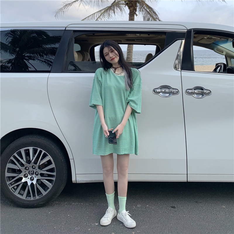 Áo thun IELGY ngắn tay dáng suông họa tiết kẻ sọc phong cách retro cho nữ