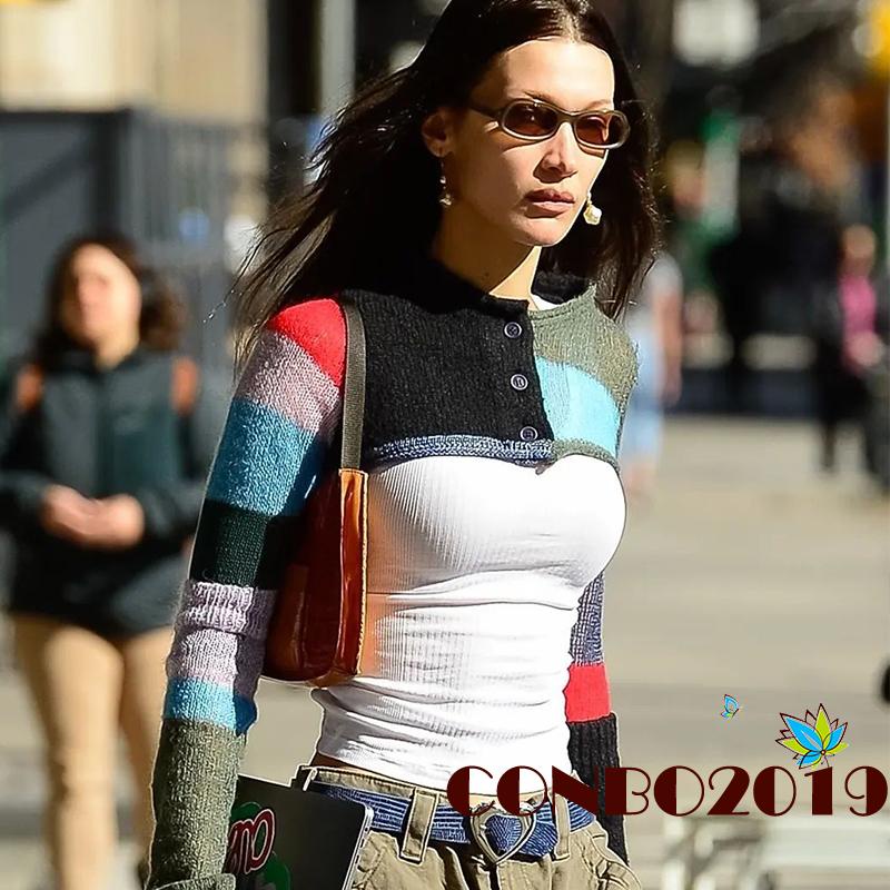 Áo Croptop Tay Dài Cổ Tròn Màu Sắc Tương Phản Thời Trang Cho Nữ