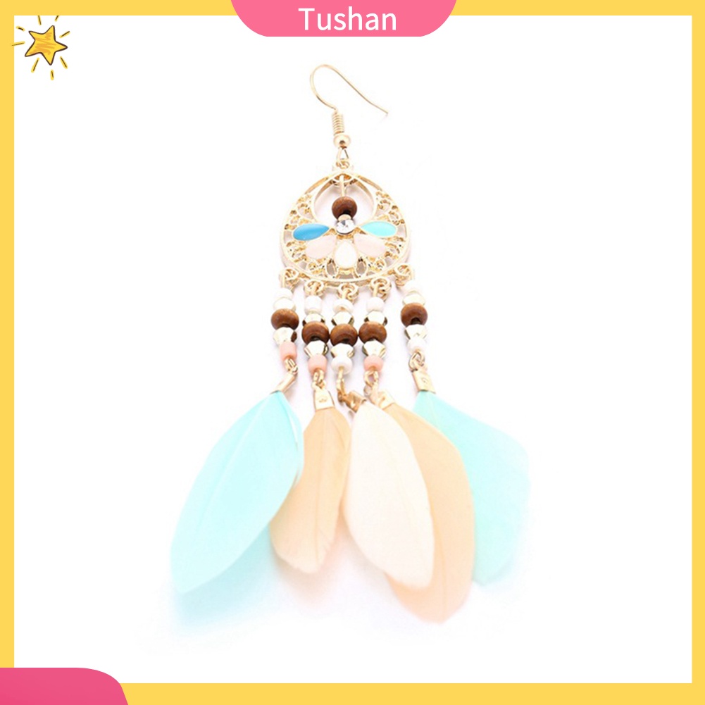 Đôi khuyên tai kiểu lưới giấc mơ phối hạt và lông vũ thời trang cho nữ