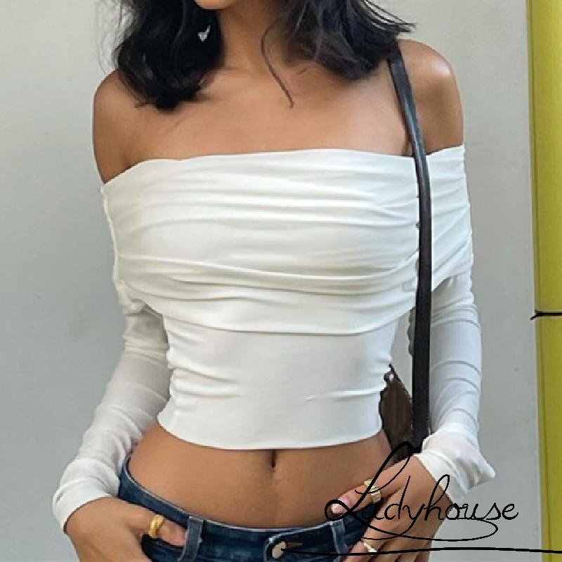 Áo Croptop Tay Dài Cổ Thuyền Màu Trơn Thời Trang Xuân Thu Dành Cho Nữ