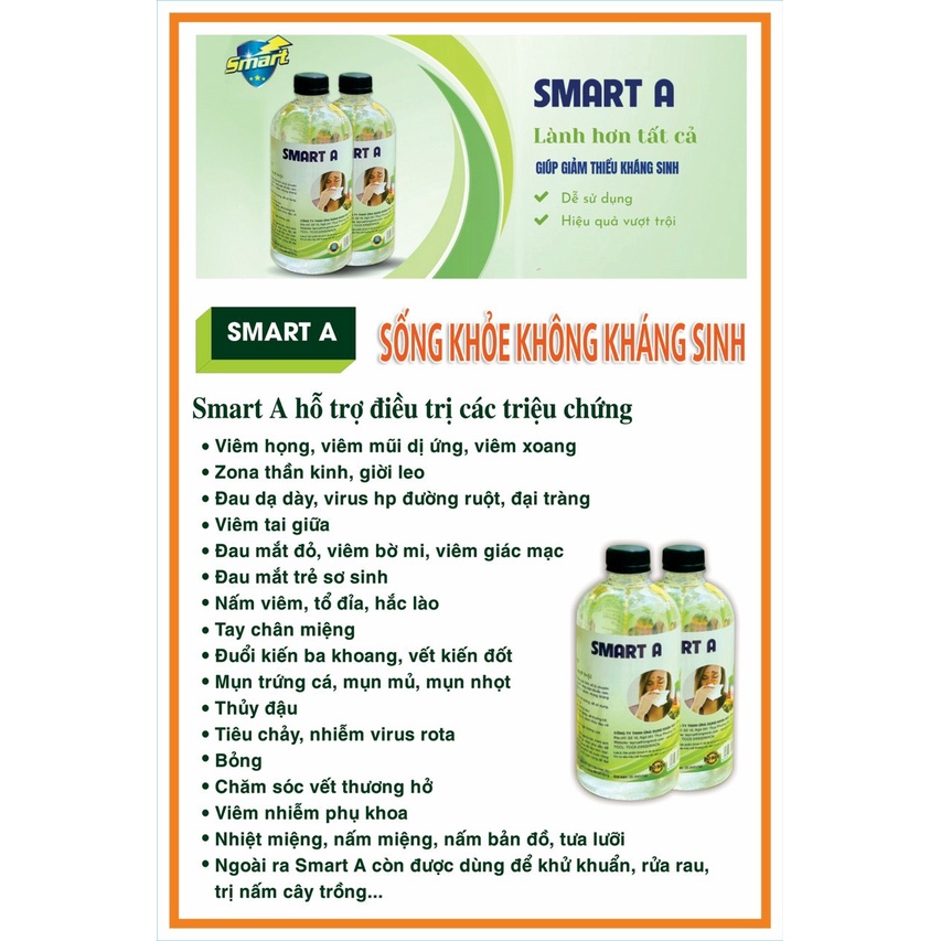 Dung dịch sát khuẩn Smart A 500ml - Nước anolyte khử khuẩn da, vệ sinh mũi họng - An toàn, không gây kích ứng