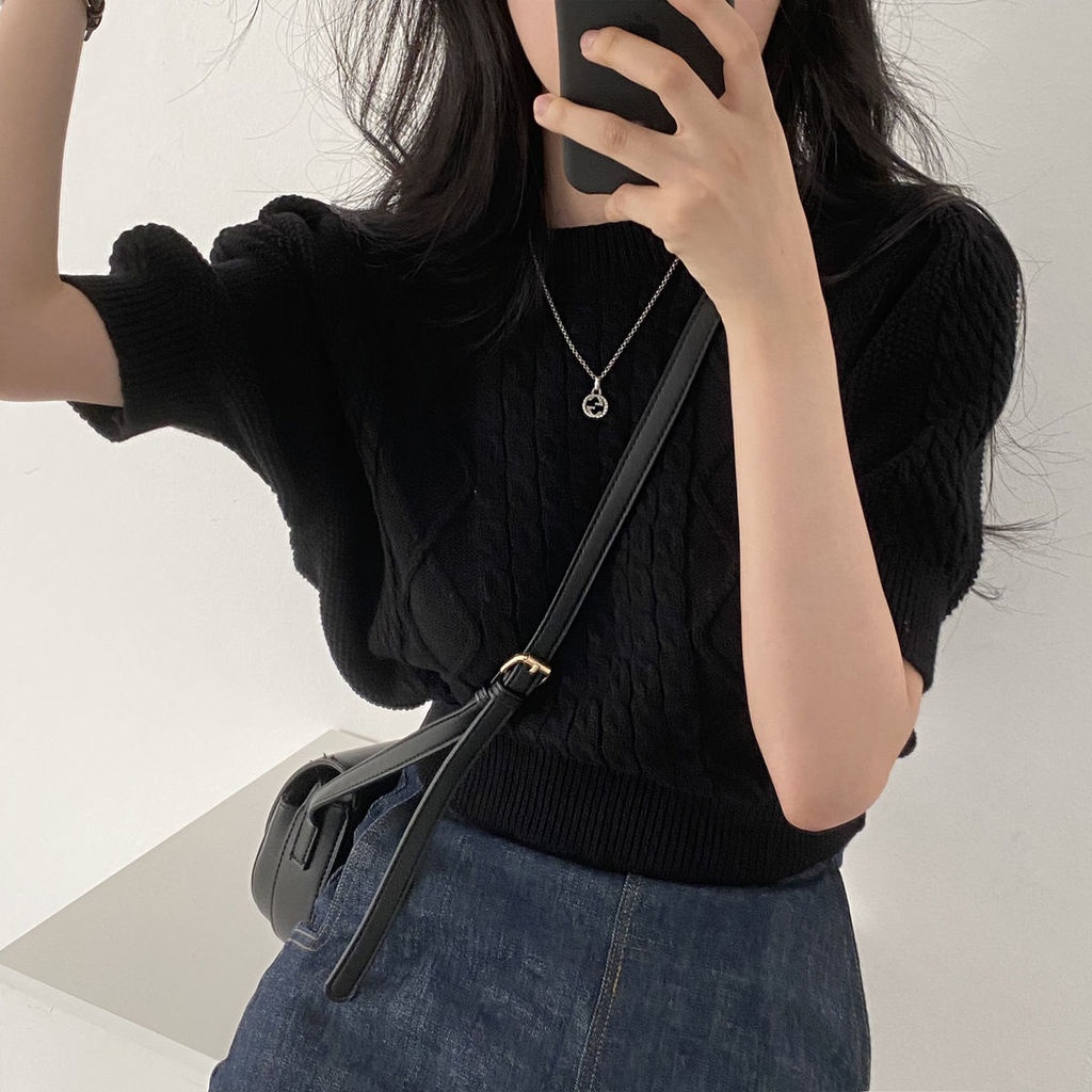 Áo len Pure Cube tay ngắn thiết kế phong cách retro thời trang cho nữ