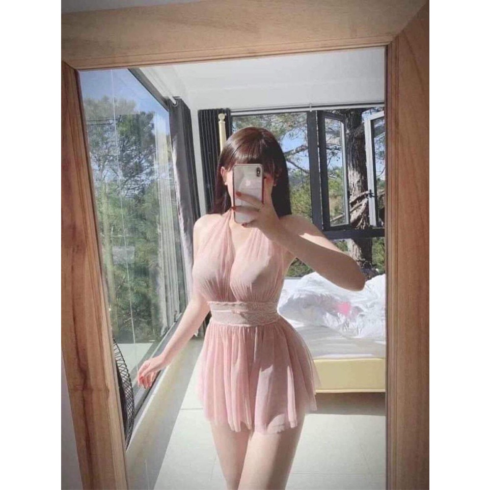 HT56 Váy ngủ sexy cổ yếm hở lưng quyến rũ tặng CHÍP, đầm ngủ ren mềm mại gợi cảm HT56