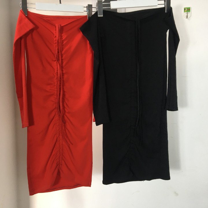 Đầm body thun borip rút dây thắt nơ cổ