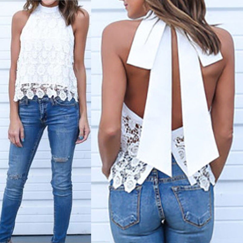☛☏❤Womens Summer Loose Casual Chiffon Lace Sleeveless Vest Blouse