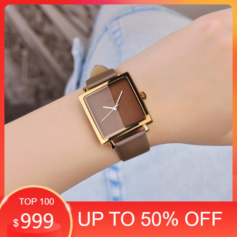 [HÀNG CHÍNH HÃNG] Đồng hồ nữ EVERYONE mặt vuông dây da cao cấp size 36mm