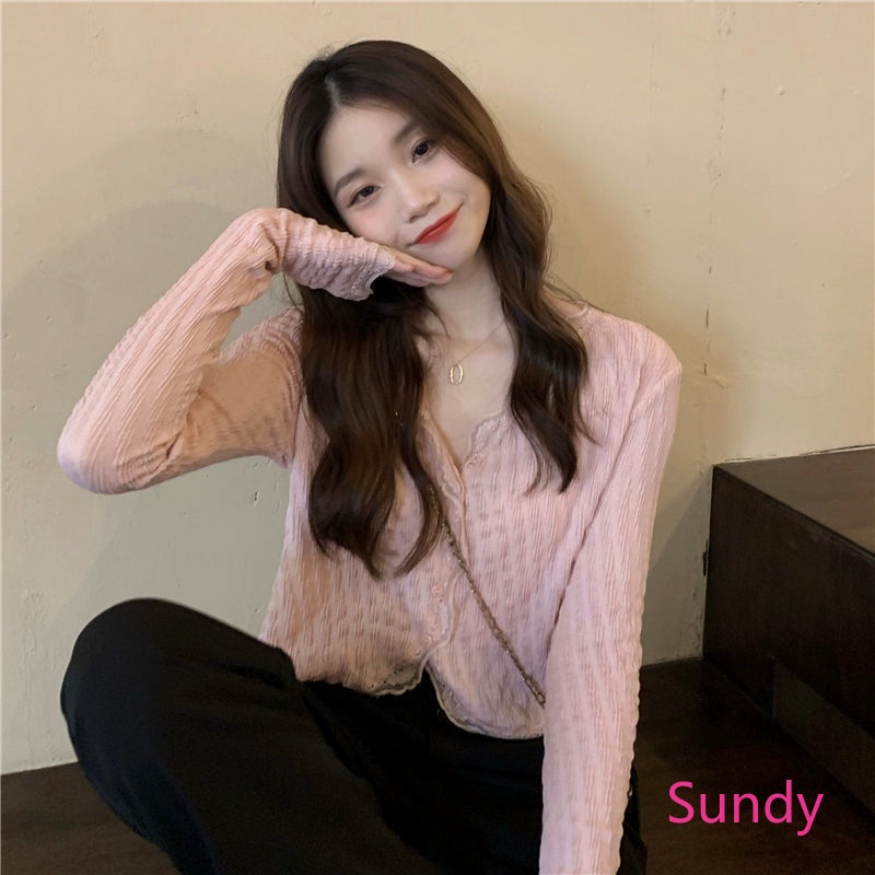 Áo Cardigan Cổ Chữ V Phối Ren Thời Trang Mùa Hè Hàn Quốc Cho Nữ