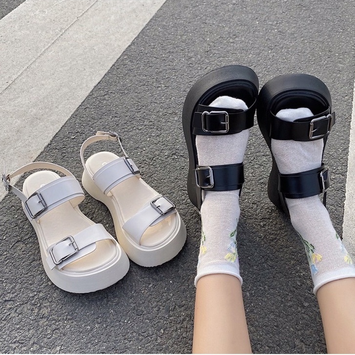 Dép Sandal Ulzzang LOẠI 1 - Giày đi học nữ đế cao hai quai cài khuy phong cách mang áo dài