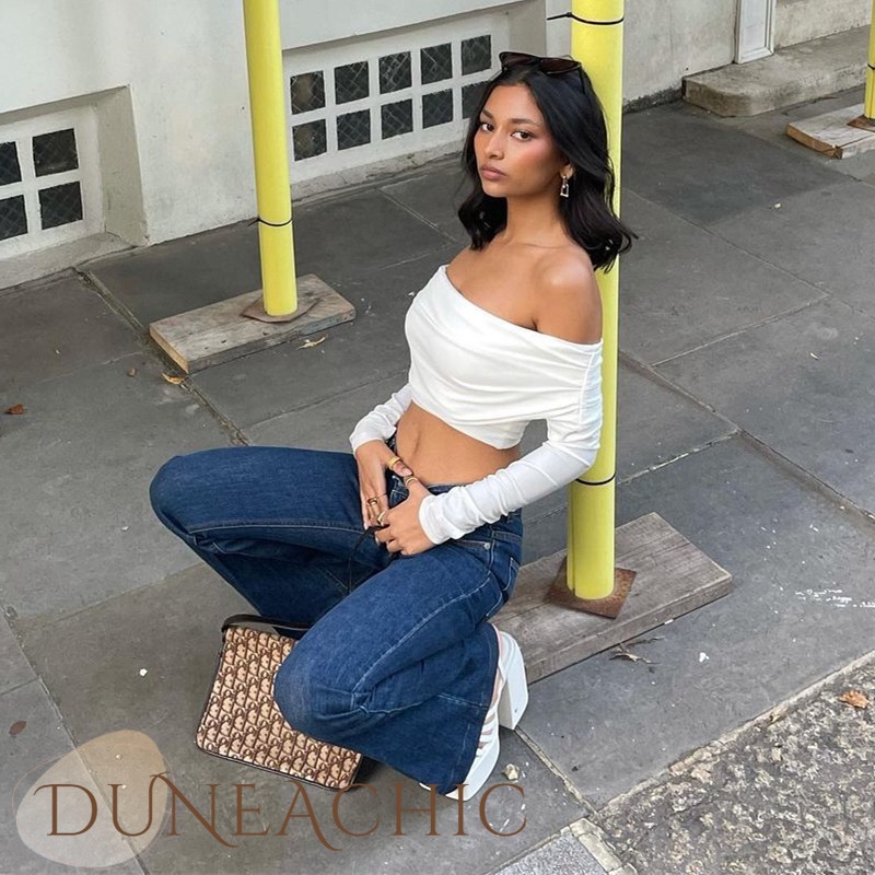 DUNEA Áo kiểu tay dài trễ vai màu trơn phong cách đường phố cho nữ