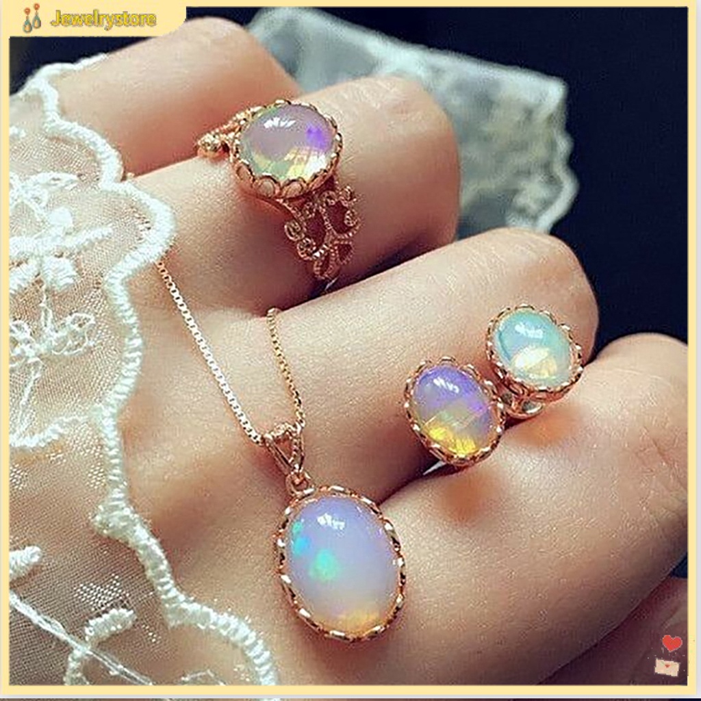 Set dây chuyền, nhẫn và bông tai đính đá oval xinh xắn cho nữ