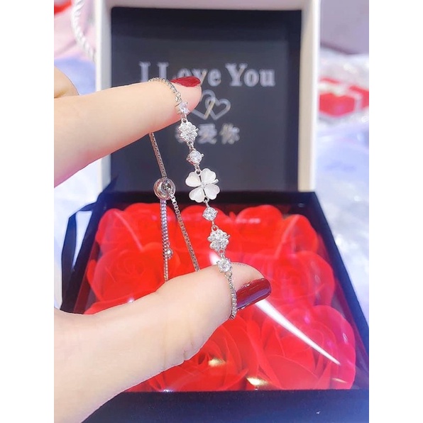Lắc tay nữ bạc ý, dây rút điều chỉnh size, cỏ 4 lá đá lấp lánh nhẹ nhàng tinh tế Mainomi Shop Bạc Xinh
