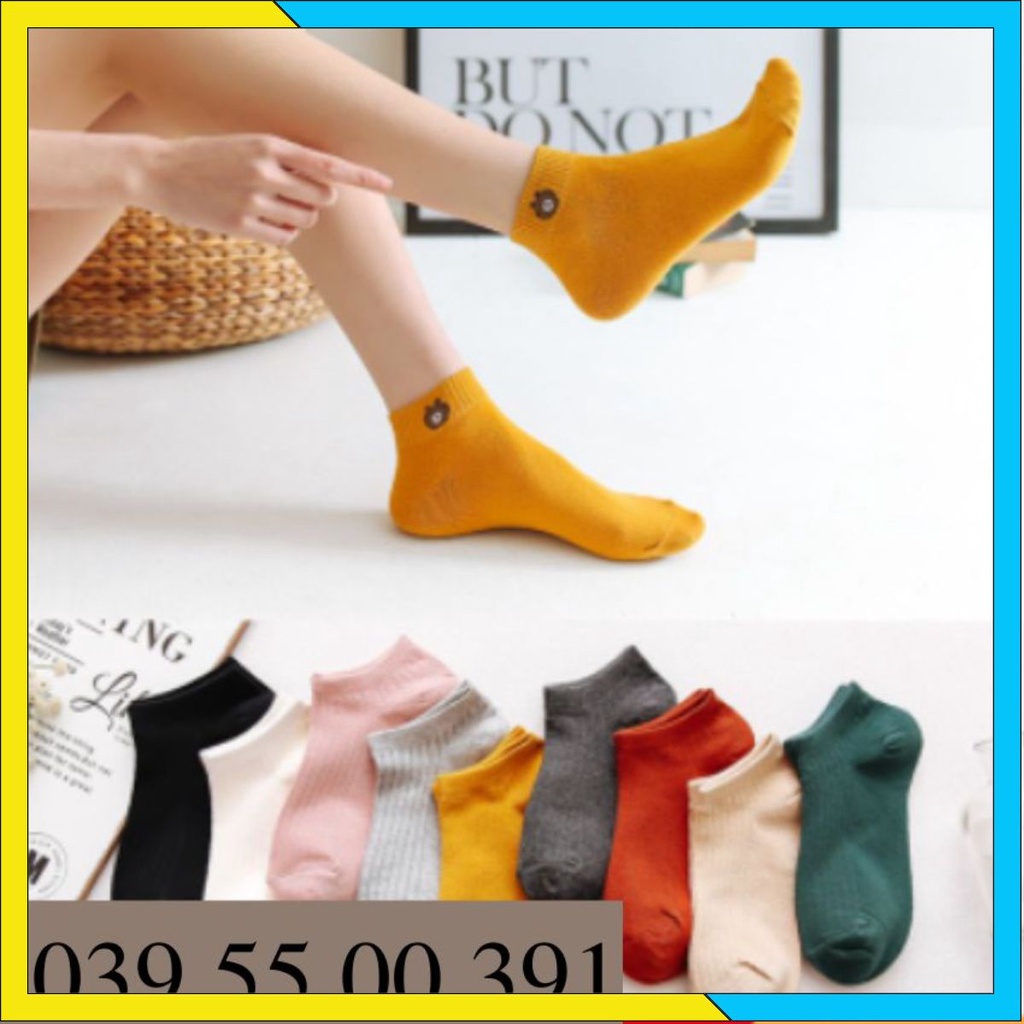 Set 10 đôi tất gấu vớ nữ cổ ngắn chất cotton hình gấu brown kèm túi gấu