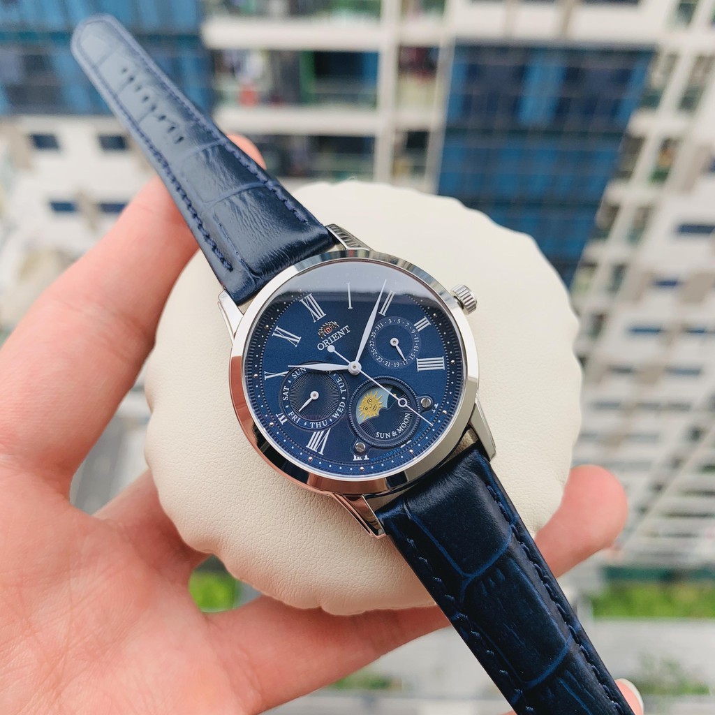 Đồng hồ Nữ chính hãng Orient Sun and Moon RA-KA0006S Mặt xanh,Lịch thứ ngày Moon Phase-Máy Pin Quartz-Dây da-Size 34mm