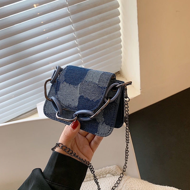 Túi đeo chéo/ xách tay phối dây xích nhỏ kẻ ô vuông thời trang hè năm 2021 cho nữ