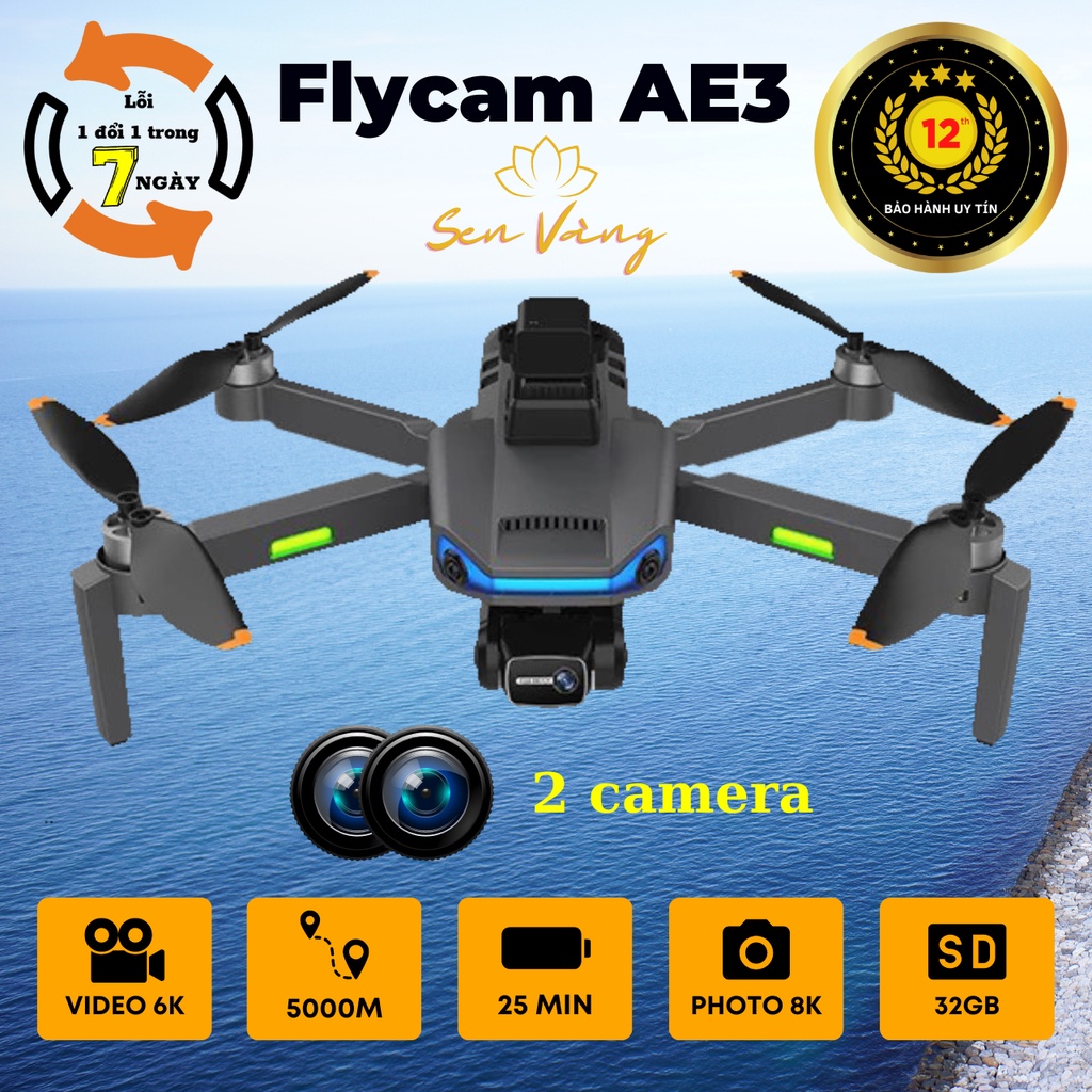 ☀️VɄ₳ ฿ầɄ ₮Ɽờł☀️Flycam AE3 Drone, bay xa 5000m, video 6K FPS 30, Chụp ảnh 8K pin khoe Full chức năng