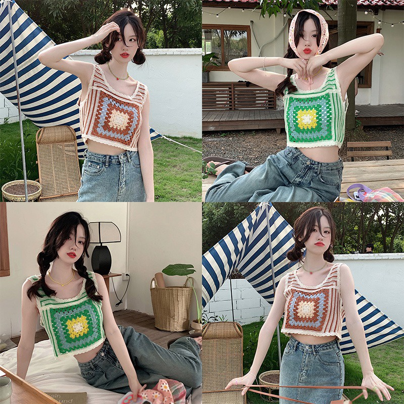 Áo Croptop Dệt Kim Không Tay Màu Sắc Tương Phản Phong Cách Hàn Quốc Thời Trang Mùa Hè Cho Nữ