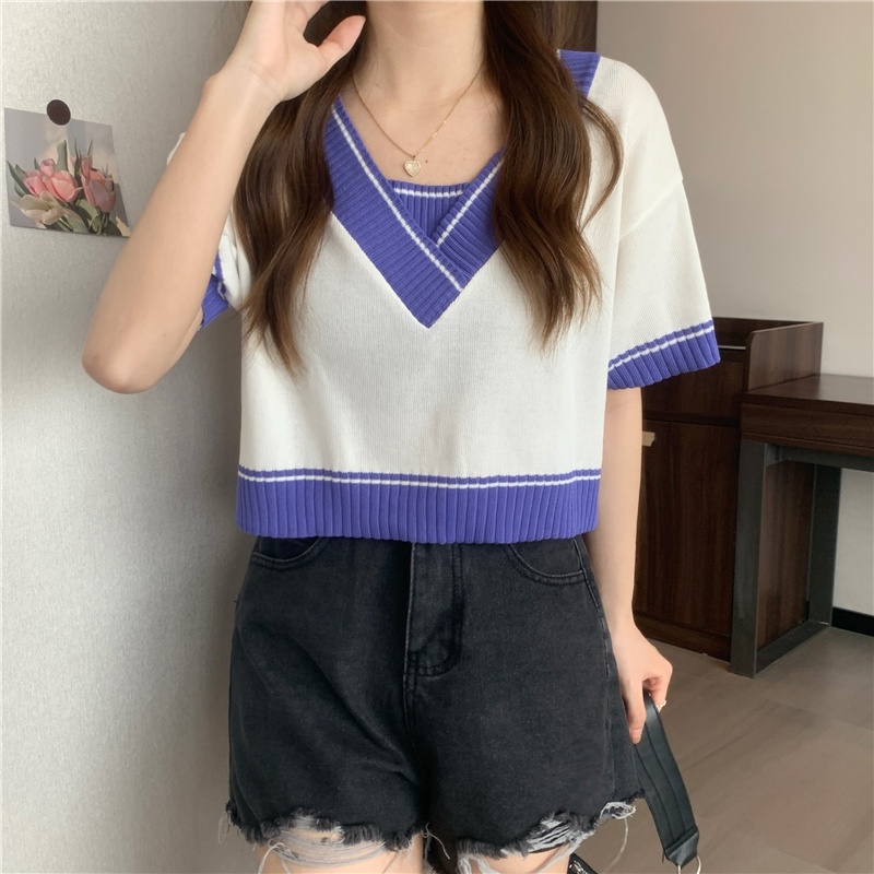 SUXI Áo Thun Dệt Kim Tay Ngắn Cổ Chữ V Dáng Rộng Màu Sắc Tương Phản Thời Trang Mùa Hè Dành Cho Nữ