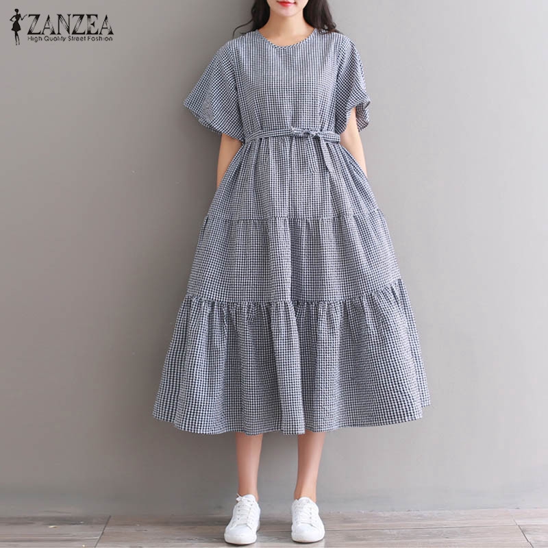 Đầm babydoll họa tiết kẻ sọc ZANZEA phối thắt lưng thời trang cho nữ