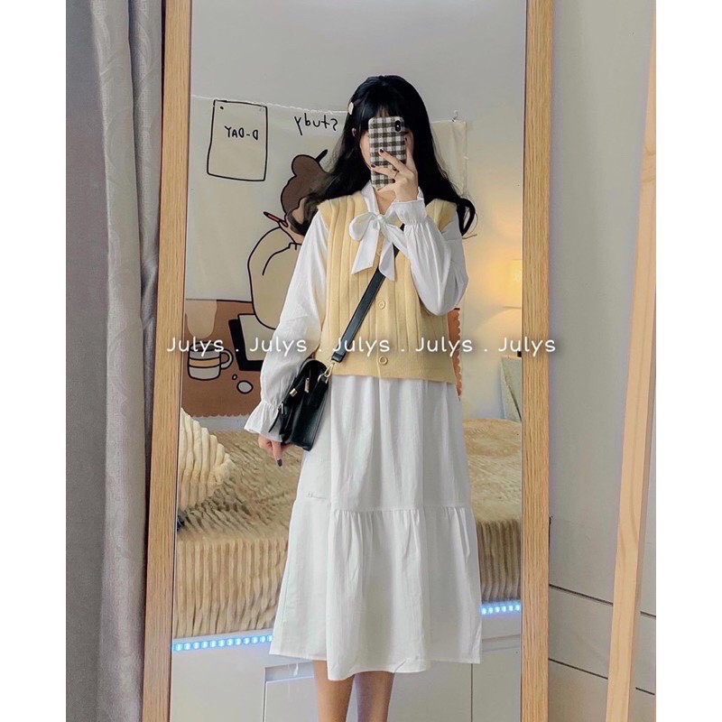 Đầm babydoll tay phồng 💥Váy dáng dài tiều thư màu trắng đáng yêu 2 màu kèm ảnh thật