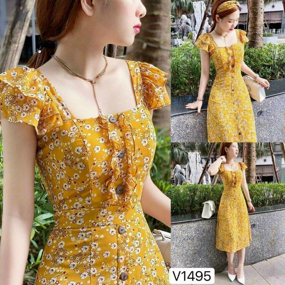 VÁY CÁNH TIÊN HOA NHÍ VÀNG TAY BÈO CHIẾT EO CỰC TÔN DÁNG, TÔN DA