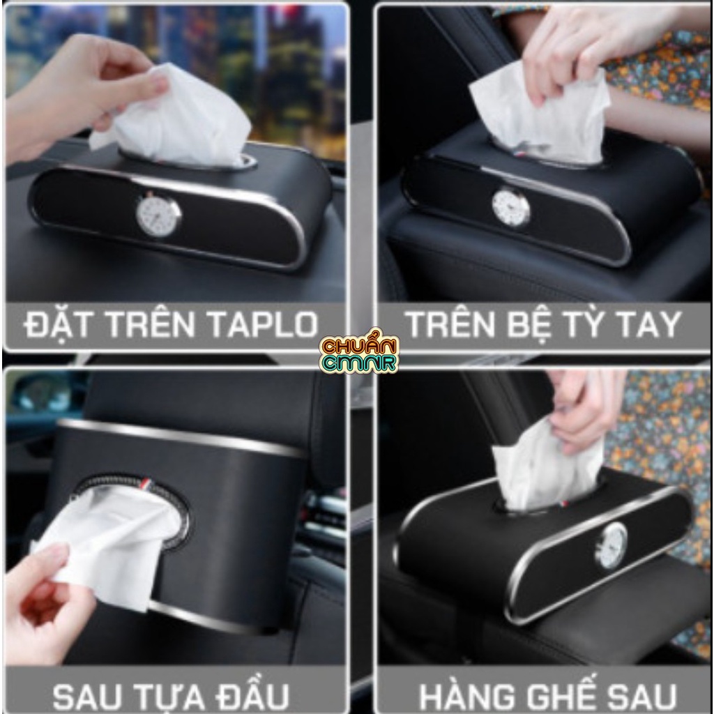 Hộp đựng giấy ăn trong nhà ,ô tô 3 chức năng, có đồng hồ , bảng số điện thoại, chất liệu da cao cấp