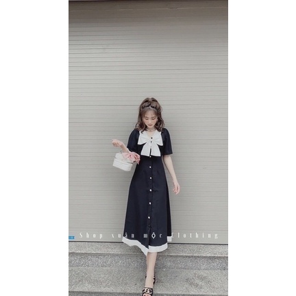 ✔ 𝗙𝗥𝗘𝗘 𝗦𝗛𝗜𝗣  Váy Đen Cổ Nơ Trắng Chất Chéo Thái Dầy Dặn Mặc Đi Đám Cưới , Ăn Tiệc Thì Hết Ý Ạ