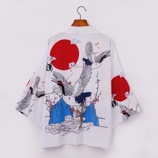 Áo khoác cardigan Kimono Haori đi biển hoạ tiết hạc trắng 2