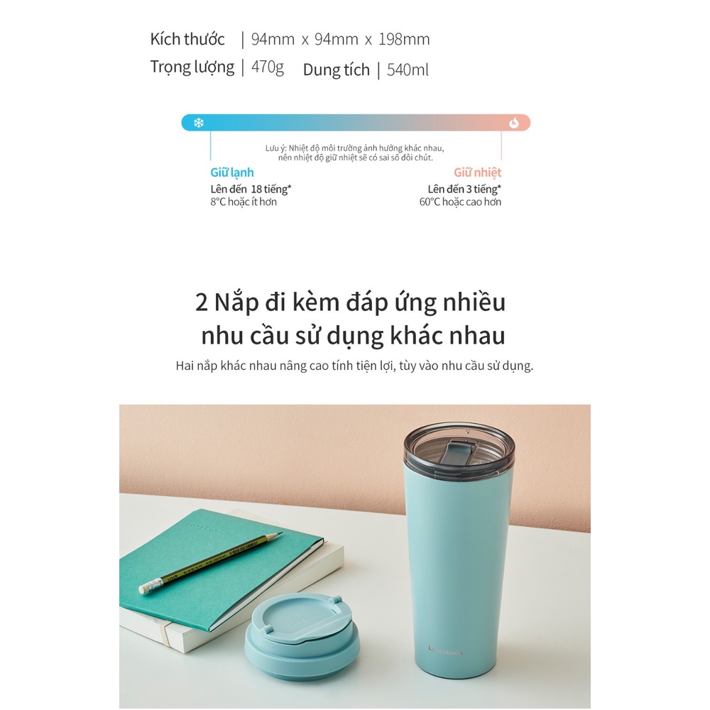 Ly giữ nhiệt LocknLock 540ML Có 2 Nắp Khác Nhau Đế Silicone Chống Trượt New Clip Tumbler LHC4279 - T2Cmall