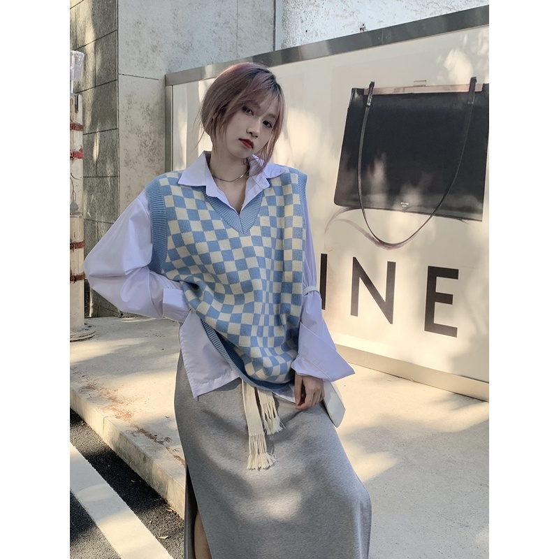 Áo len gile kẻ caro đen trắng xanh unisex nam nữ hip hop đường phố