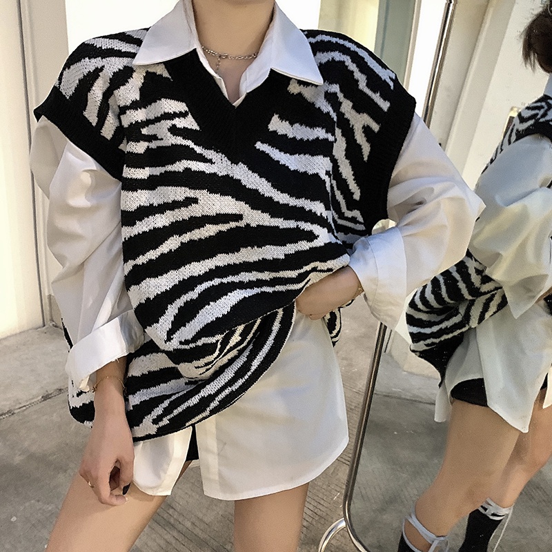 Áo khoác ghi lê dệt kim dáng rộng in họa tiết ngựa vằn đa năng cho nữ | BigBuy360 - bigbuy360.vn
