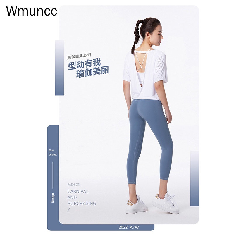 Wmuncc Đồ tập gym Tay Ngắn Dáng Rộng Thiết Kế Hở Lưng Thời Trang Quyến Rũ Cho Nữ