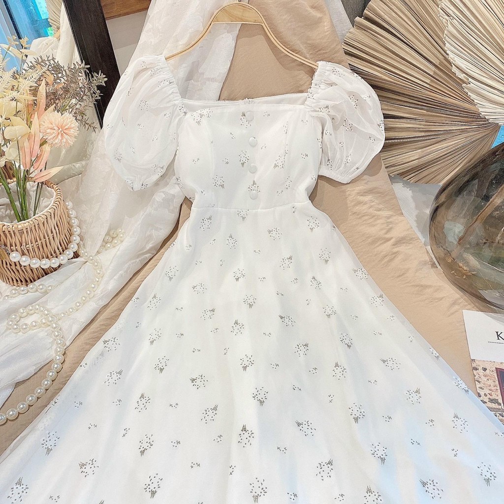 Đầm trắng hoa nút bọc tay voan | BigBuy360 - bigbuy360.vn