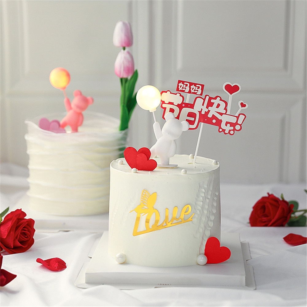 Cod Qipin Que Gắn Bánh Kem Hình Gấu Tích Hợp Đèn LED Trang Trí Bánh Sinh Nhật Tình Nhân Lãng Mạn Cho Cặp Đôi